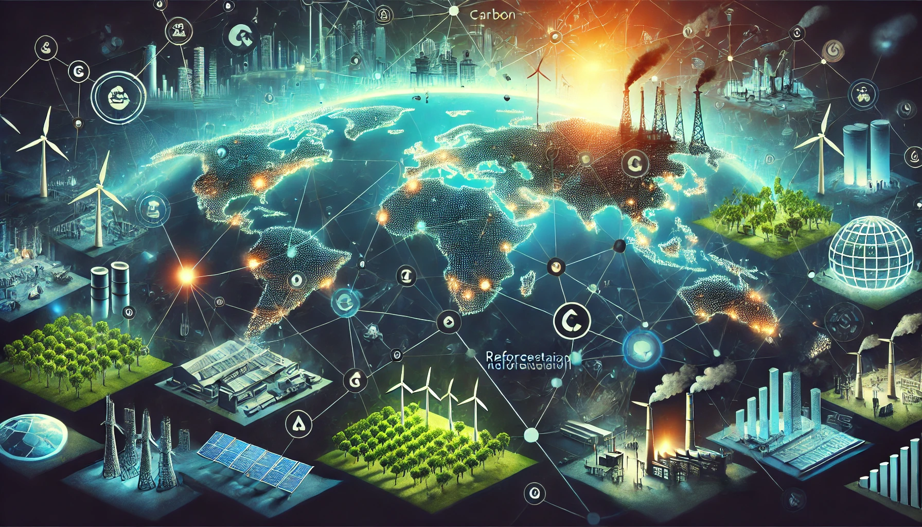 A futuristic illustration of a global carbon market features a world map with interconnected nodes representing various regions engaged in carbon trading. The image includes elements such as wind turbines, solar panels, reforestation projects, and industrial plants with monitored emissions. Vibrant colors emphasize a technologically advanced and environmentally sustainable future, conveying a sense of global cooperation and progress towards reducing carbon emissions.






