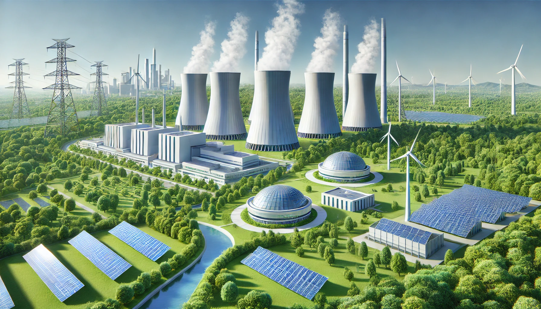 A landscape showing a clean and green environment with a modern nuclear power plant in the background. The plant has sleek cooling towers emitting only steam. Surrounding the plant are solar panels, wind turbines, and lush greenery, symbolizing the harmony of nuclear power with renewable energy sources. The sky is clear blue, reflecting a sense of sustainability and technological advancement.